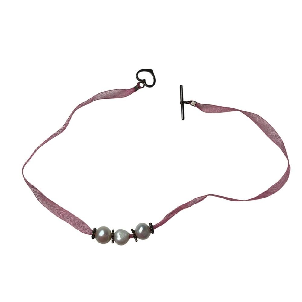 Freshwater Pearl Pink Ribbon Choker Heart Closure With Silver Tone Beads Y2K 90s